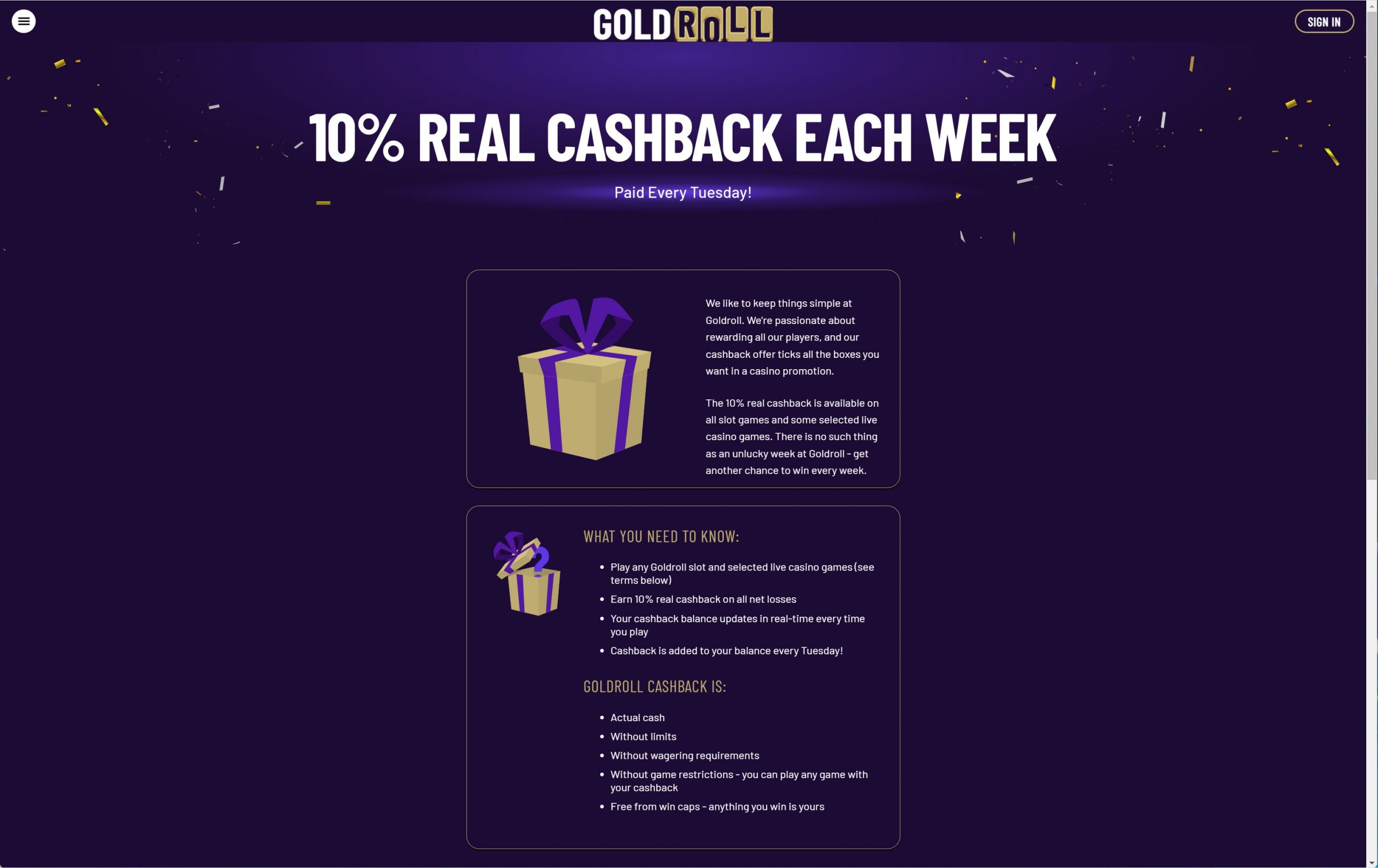 goldroll casino cashback